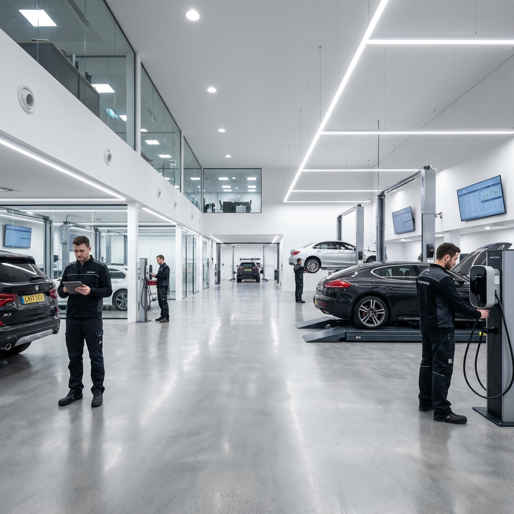 Premium automotive maintenance service workshop interior